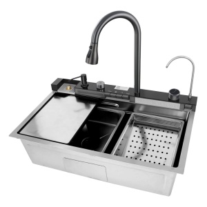 Chiuveta bucatarie multifunctionala Smart II, inox SUS304, crom, satin, cu baterie smart, display digital si accesorii, 75 x 48 x 22 cm, Anahita