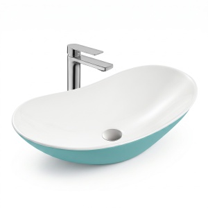 Lavoar pe blat Beauty, oval, turcoaz mat, ceramica sanitara, 62 x 37 x 16 cm, Anahita