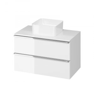 Mobilier suspendat alb Virgo 80cm cu manere crom pentru lavoar pe blat S522-026 - Img 1