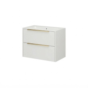 Mobilier suspendat Iconica 80cm alb mat cu manere aurii si lavoar Savini Due