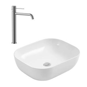 Set lavoar pe blat Elegance, alb, dreptunghiular, 50 x 39 x 13 cm, cu baterie lavoar inalta Slimmer, crom, H 32.2 cm