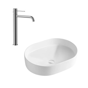 Set lavoar pe blat Eternity, alb, oval, 50 x 37 x 13.5 cm, cu baterie lavoar inalta Slimmer, crom, H 32.2 cm