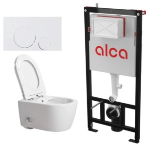 Set vas WC suspendat cu functie de bideu Art, alb, rimless, capac Soft Close, rezervor incastrat, clapeta M670, Anahita