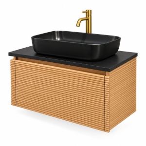Mobilier baie suspendat riflat Sierra cu blat negru 80x46x47cm - Img 2