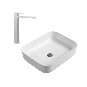 Set lavoar pe blat Anahita Elegance, 50 x 39 x 13 cm, alb, baterie inalta Cube, crom