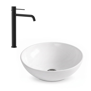 Set lavoar pe blat Elegance, alb, rotund, 38 x 38 x 13 cm, cu baterie lavoar inalta Slimmer, negru mat, H 32.2 cm