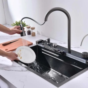 Chiuveta bucatarie multifunctionala Smart II, inox SUS304, crom, satin, cu baterie smart, display digital si accesorii, 75 x 48 x 22 cm, Anahita - Img 4