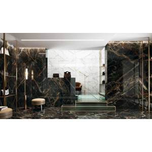 Gresie CARAVAGGIO GOLD 119251 120x260cm, interior-exterior, tip marmura, rectificat, negru-maro, Naxos - Img 3