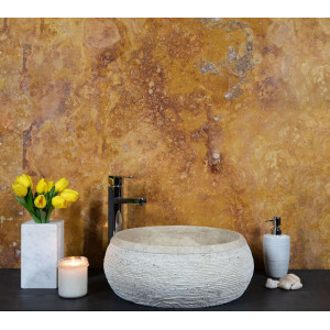 Lavoar baie pe blat Travertin Light, rotund crem din piatra naturala 42X15cm RS-24