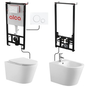 Set complet vas WC si bideu Beauty Anahita, alb, rimless, capac WC soft close, cadru bideu A105/1120, rezervor incastrat AM101/1120, clapeta M670