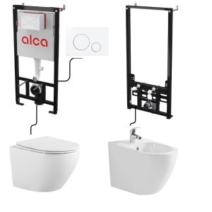 Set complet vas WC si bideu Eternity Anahita, alb, rimless, capac WC soft close, cadru bideu A105/1120, rezervor incastrat AM101/1120, clapeta M670