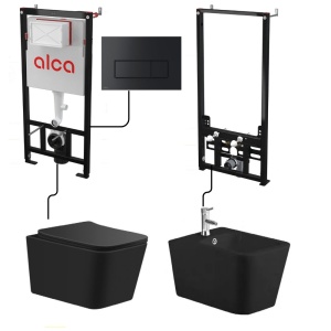 Set complet vas WC si bideu Recall Anahita, negru mat, rimless, capac WC soft close, cadru bideu A105/1120, rezervor incastrat AM101/1120, clapeta M578