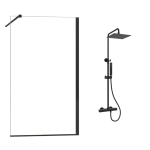 Set paravan dus Recall, profil L negru, 100 × 200 cm, sticla 8 mm, cu coloana de dus Cube cu termostat – Himark