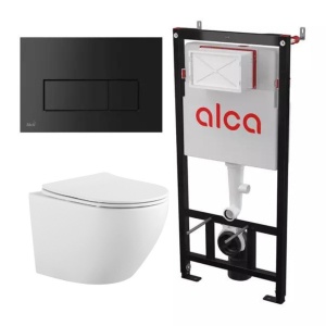 Set vas WC suspendat alb Eternity si rezervor incastrat Alcadrain cu clapeta actionare neagra M578, Anahita - Img 1