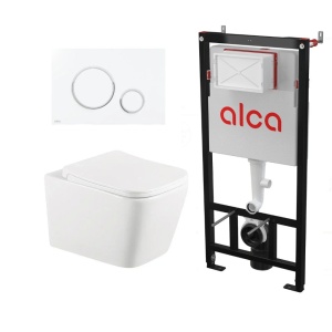 Set vas WC suspendat Rivera alb, cu capac Soft Close, rezervor incastrat Alcadrain AM101/1120 si clapeta M671, Anahita