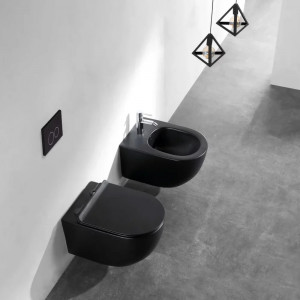 Vas WC suspendat Rimless cu capac Soft Close, 52,5 x 36 x 35 cm, negru, Minerva 2210RBM, Fluminia