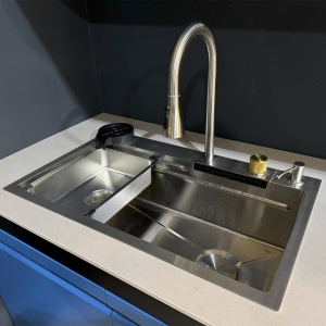 Chiuveta bucatarie multifunctionala Smart, inox, satin, cu baterie, o cuva, 75 x 48 x 22 cm, Anahita