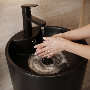 Lavoar freestanding cu orificiu de baterie, Prestige, rotund, negru mat din ceramica, 40x40x83 cm, Anahita - Img 2