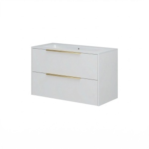 Mobilier suspendat Iconica 100cm alb mat cu manere aurii si lavoar Savini Due