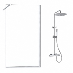 Set paravan dus Recall, profil L cromat, 90 × 200 cm, sticla 8 mm, cu coloana de dus Cube cu termostat – Himark