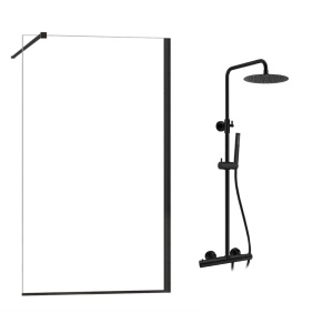 Set paravan dus Recall, sticla transparenta 8 mm, profil L negru mat, 100 x 200 cm, coloana dus Himark cu termostat