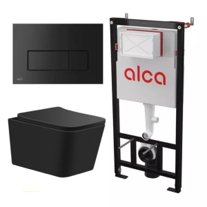 Set vas WC suspendat Recall, negru mat, Rimless, cu capac Soft Close, rezervor incastrat Alcadrain AM101/1120 si clapeta M578, Anahita