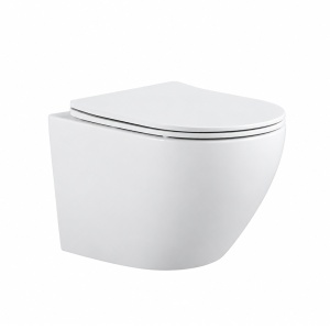 Vas WC suspendat Prestige Anahita, alb, rimless, evacuare orizontala, 36 x 53,5 x 36 cm, capac WC soft close inclus