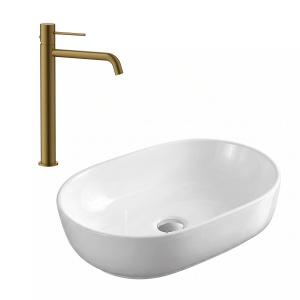 Set lavoar pe blat Eternity, alb, oval, 50 x 37 x 13.5 cm, cu baterie lavoar inalta Slimmer, gold periat, H 32.2 cm