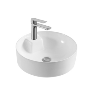 Lavoar pe blat Eternity, rotund, alb, cu orificiu pentru baterie, ceramica sanitara, 40,5 x 40,5 x 14 cm, Anahita