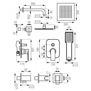 Set 5 in 1 Square baterie dus ingropata cu cap dus fix si para dus mobila SET-SQ1-P - Img 2