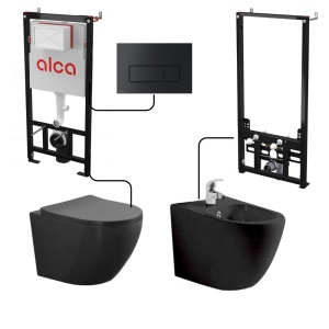 Set complet vas WC si bideu Eternity Anahita, negru mat, rimless, capac WC soft close, cadru bideu A105/1120, rezervor incastrat AM101/1120, clapeta M578