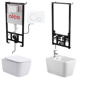 Set complet vas WC si bideu Recall Anahita, alb, rimless, rezervor incastrat AM101/1120, cadru bideu A105/1120, clapeta M670