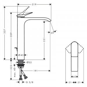 Baterie inalta lavoar Vivenis 250 cu ventil, crom 75040000 Hansgrohe - Img 2