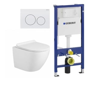 Set vas WC suspendat Eternity cu capac soft close 32 x 52,5 x 36 cm si rezervor incastrat Geberit 458.134.11.3 cu clapeta alba Delta 20