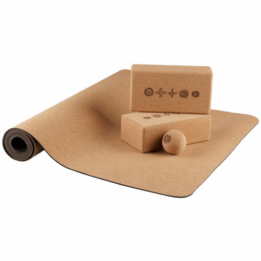 SUN Design EcoCMK Set of 1 Yoga Mat, 2 cork blocks and 1 ball for yoga, pilates and physiotherapy