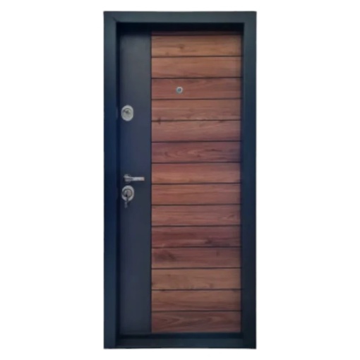 Метална апартаментна врата с изолация и прозорец Novo Doors First Class NDFC09, ляво-дясно отваряне, размер 200X88 cm, дъска 1,2 mm, дъска 1,2 mm, пълен комплект, антрацитно сиво с вложка от орех