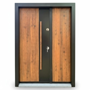 Двойна метална външна врата с изолация и шпионка Novo Doors NDA4D, композитна конструкция, 2 брави, пълен комплект, за къщи, перлено черно cu златен дъб