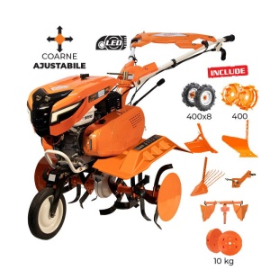 Motosapa RURIS 7500 ACC5 + roti cauciuc 4.00-8+rarita ajustabila+plug+adaptor+dispozitiv cartofi+cultivator multifunctional+roti metalice 400 fara manicot+set contragreutati 10kg 7 CP