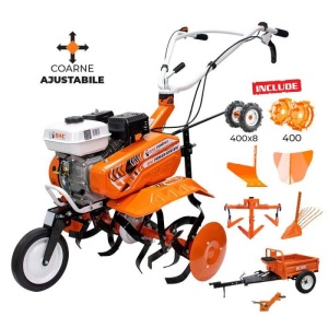 Motosapa DAC 7000 ACC4 + roti cauciuc 4.00-8+rarita+plug+adaptor+dispozitiv scos cartofi+roti metalice 400 fara manicot+cultivator+remorca RURIS 450S 7CP