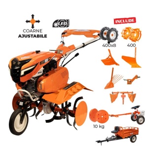 Motosapa RURIS 7500 ACC6 + roti cauciuc 4.00-8+rarita ajustabila+plug+adaptor+dispozitiv cartofi+cultivator multifunctional+accesoriu tractat+roti metalice 400 fara manicot+remorca RURIS 550S+set contragreutati 10kg 7CP