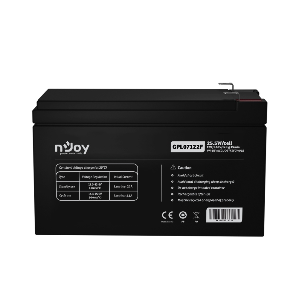 Acumulator nJoy GPL07122F 12V 22.72W/cell, Capacitate 22.72W/cell evaluat la 1,65V/cell@15 min), Tensiune 12V, Tip VRLA - fara mentenanta, Caracteristici: Sigilata complet si fara intretinere, Peste 260 de cicluri la 100% DOD, Utilizare standard 5-8 ani, - 2 | YEO