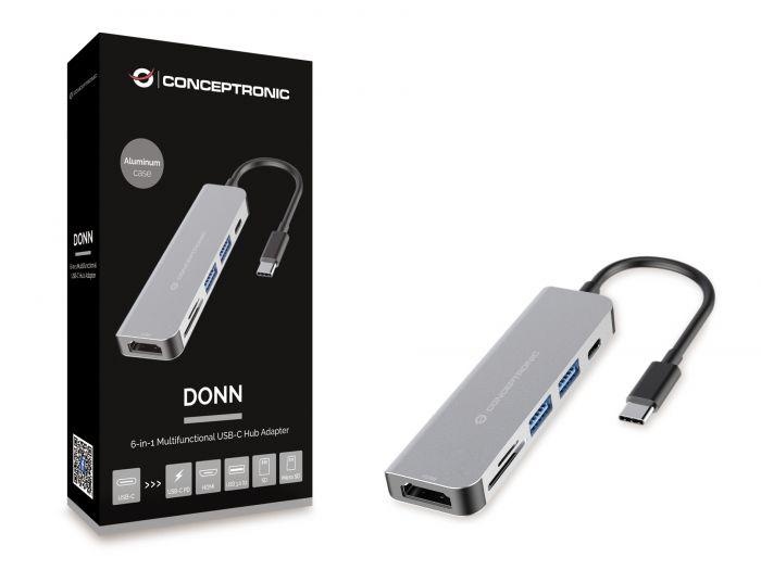 CONCEPTRONIC DONN02G 6-in-1 USB 3.2 Gen 1 Docking Station, USB 3.0 x 2, 60W USB PD, HDTV, SD, TF/MicroSD, 35.8 x 120 x 15 mm