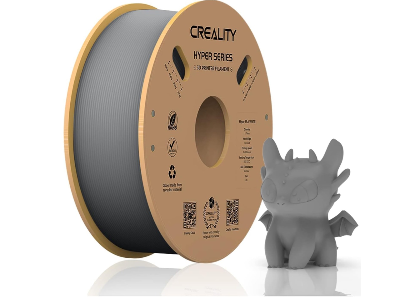 CREALITY HYPER PLA 3D Printer Filament, Grey, Temperatura printare: 200-220 grade celsius, Diametru filament: 1.75mm, Tensile strength: 52.99MPa, Bending strenght:92.38Mpa Dimensiuni rola filament: Diametru 200mm, inaltime 70mm, gaura centrala 56mm,