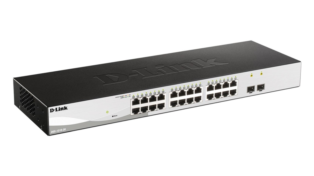 D-link 26-Port Gigabit Smart Switch with 2 SFP ports, DGS-1210-26; 24 x 10/100/1000Mbps Auto-Negotiating Ports; 2 x Combo 1000BaseT/Mini-GBIC SFP ports; Advance power saving features; Fanless design; Half-/Full- Duplex, auto-negotiation, Auto MDI/MDIX;