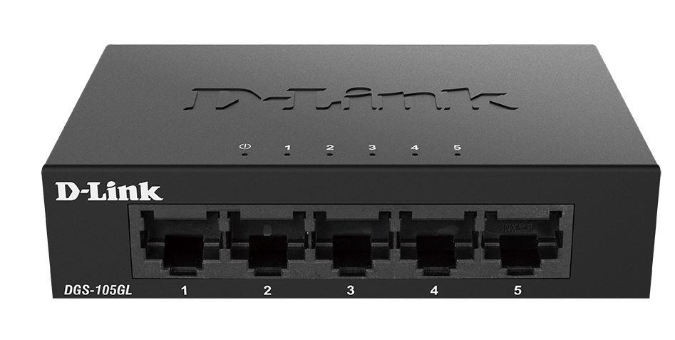 D-Link Switch DGS-105GL, 5 porturi Gigabit, Capacity 10Gbps, desktop, faramanagement, metal, negru, fara ventilator, D-Link Green.