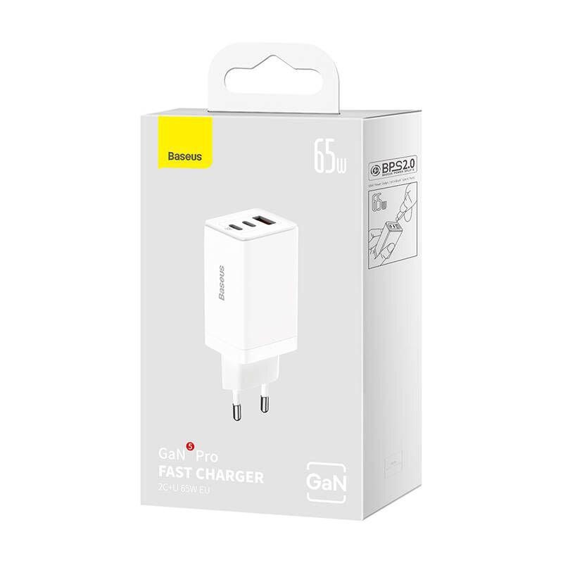 Incarcator retea Baseus GaN5 PRO, Quick Charge 65W, 2 porturi USB PD, 1 port USB Quick Charge, include cablu USB -C la USB-C de 100W, lungime 1m, alb - 3 | YEO