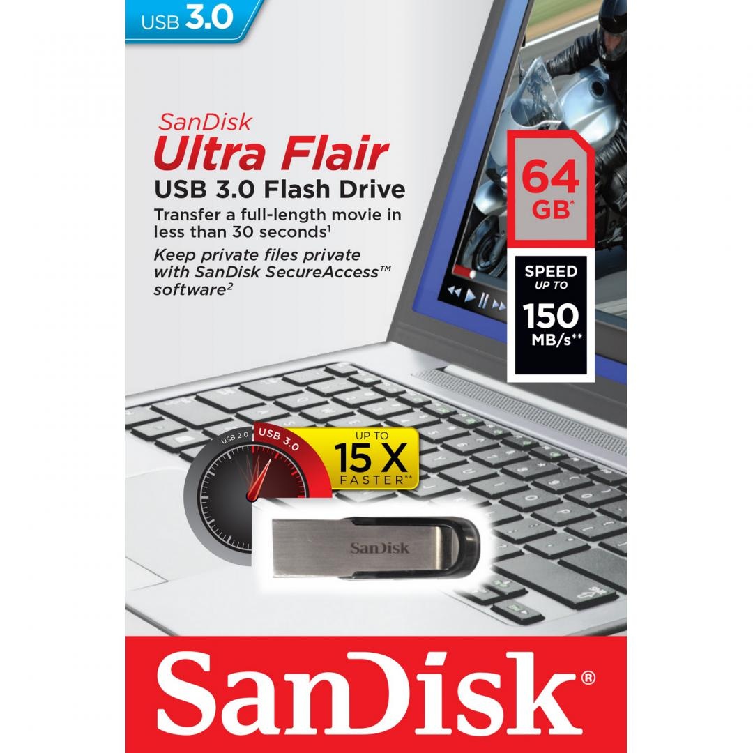 Memorie USB Flash Drive SanDisk Ultra Flair, 64GB, USB 3.0 - 1 | YEO