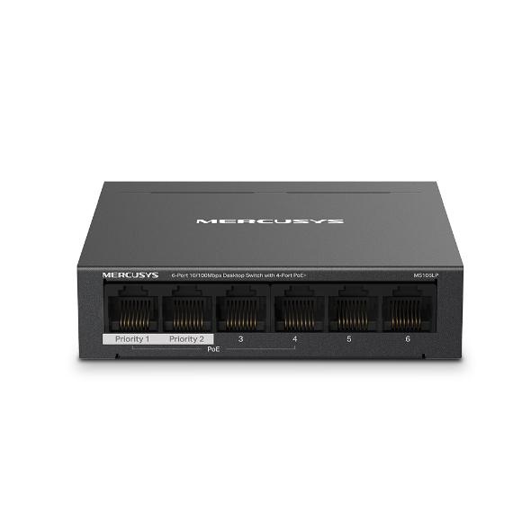 Mercusys Desktop Switch MS106LP 6 porturi 10/100Mbps, Standarde si protocoale IEEE 802.3x Flow Control, 4 porturi POE, buget POE 40W, dimensiuni: 99.8*98*25mm.