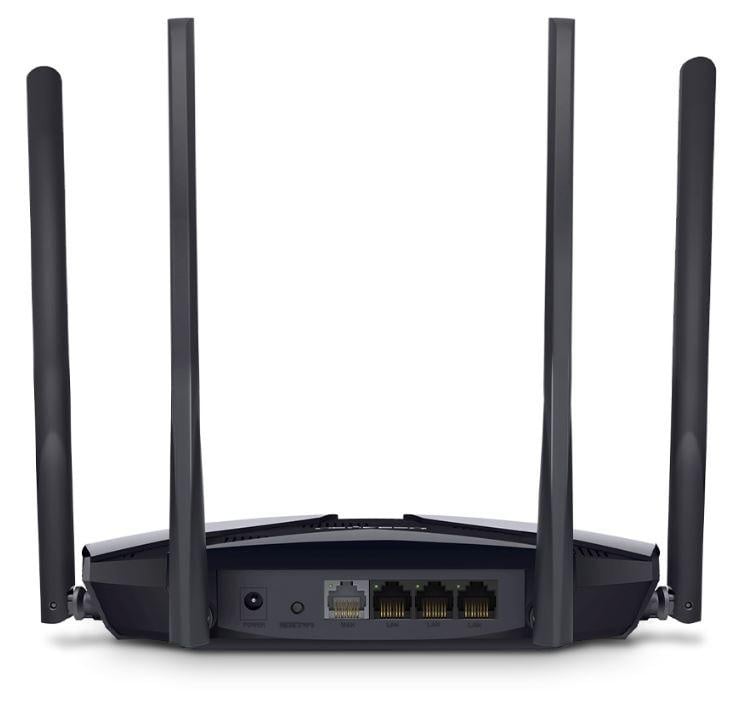 Mercusys MR60X Dual-Band WiFi 6 Router (AX15000), Standarde wireless: Wi-Fi 802.11ax / ac / a / b / g / n, Viteza wireless: 1201 Mbps (5 GHz) + 300 Mbps (2.4 GHz), Interfata: 1 × Port WAN Gigabit + 3 porturi Gigabit LAN, 4 x Antene externe de 5dBi. - 1 | YEO