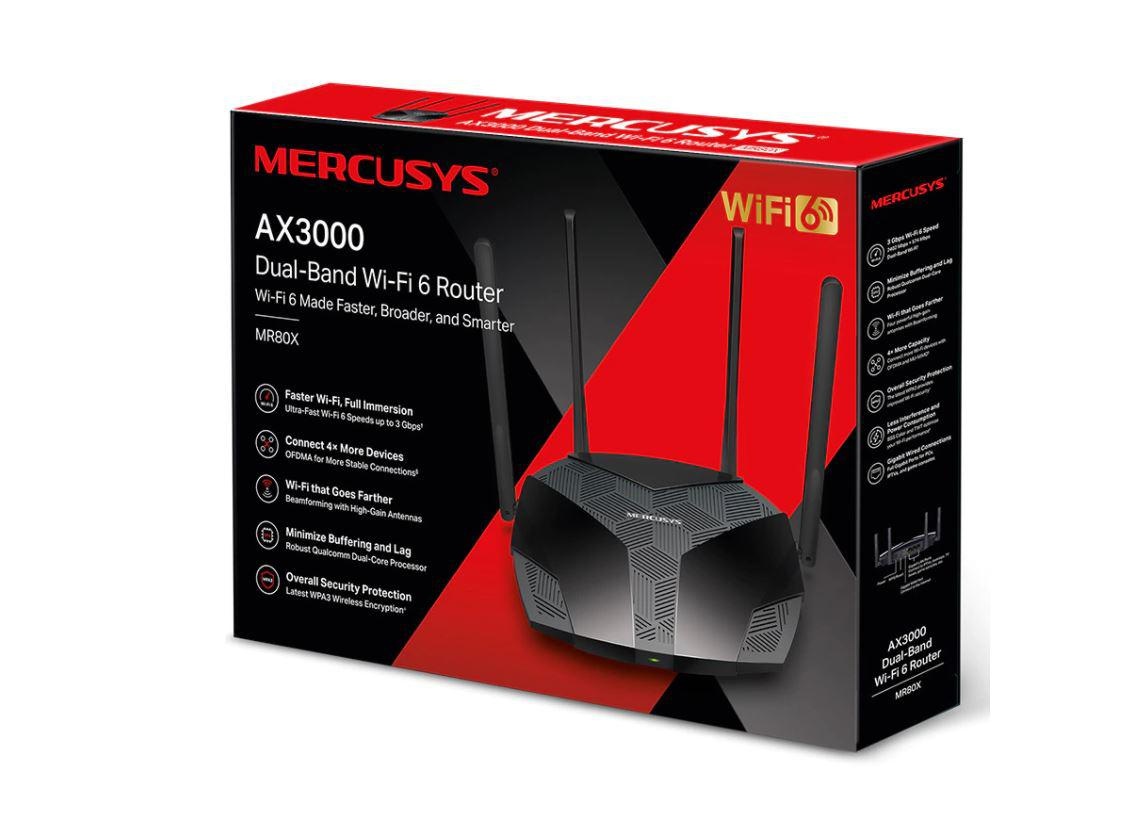 Mercusys Router, AX3000, MU-MIMO, Dual-Band, WPA3, Standarde wireless: Wi-Fi 802.11ax/ac/a/b/g/n, Rata semnal: 2402 Mbps (5 GHz) + 574 Mbps (2.4 GHz), Securitate Wireless: WEP, WPA / WPA2-Personal, WPA2 / WPA3-Personal, Interfață: 1× Port WAN Gigabit + - 2 | YEO